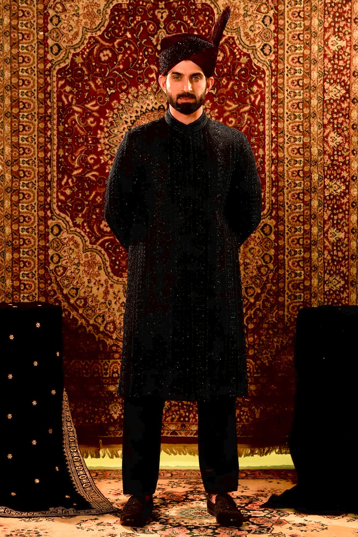 Black Embroidered Sherwani Set with Maroon Velvet Turban