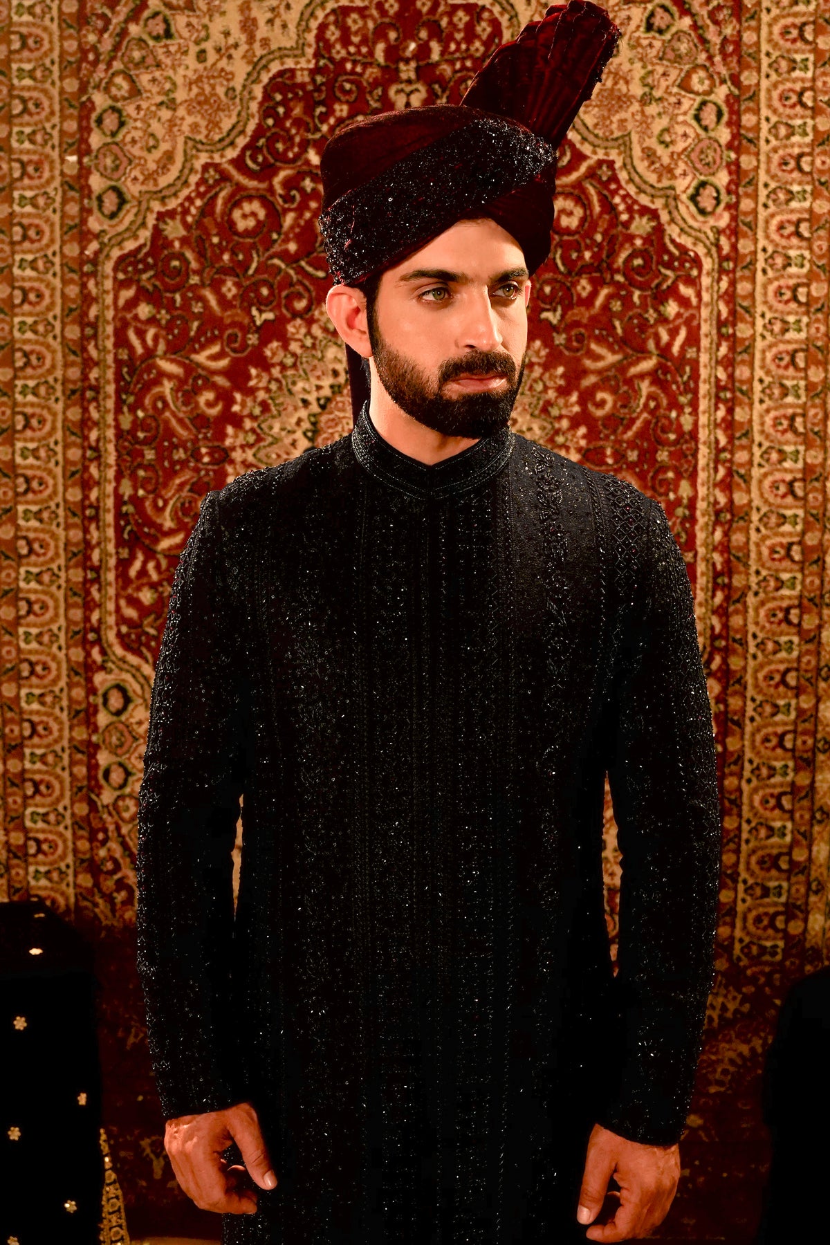 Black Embroidered Sherwani Set with Maroon Velvet Turban