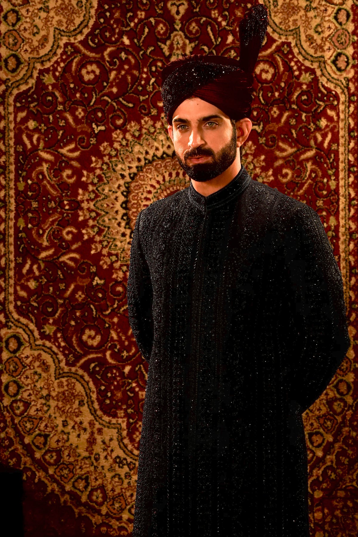 Black Embroidered Sherwani Set with Maroon Velvet Turban