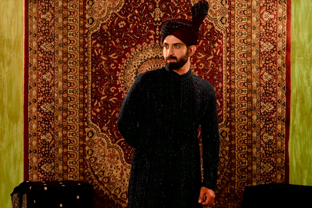 Black Embroidered Sherwani Set with Maroon Velvet Turban