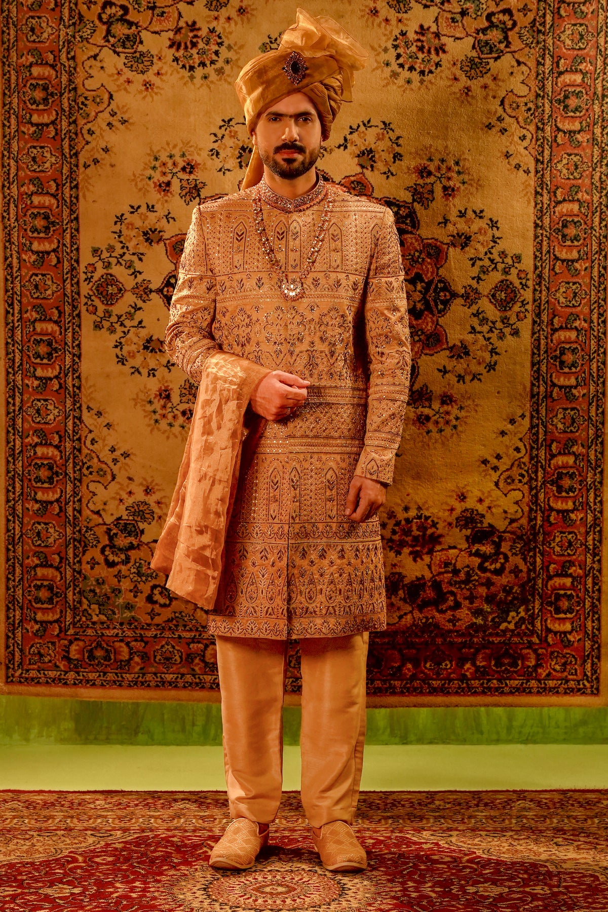 Mud Gold Embroidered Sherwani Set with Organza Turban