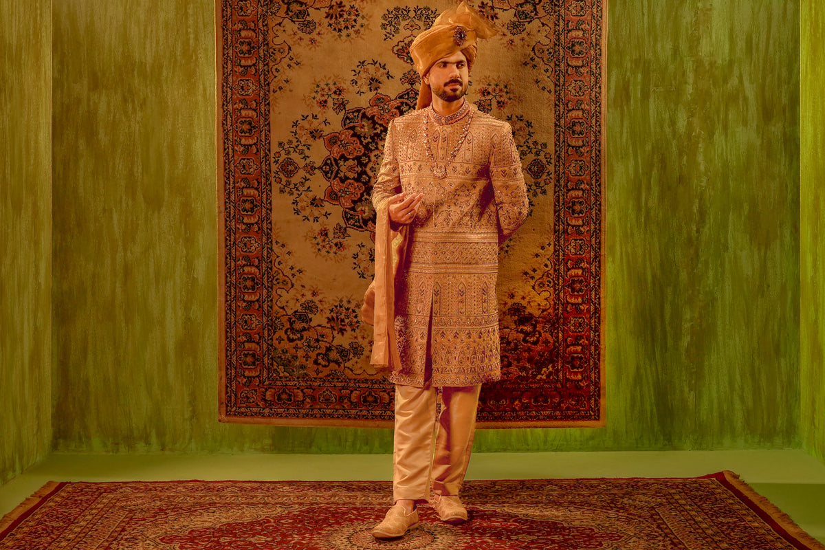 Mud Gold Embroidered Sherwani Set with Organza Turban