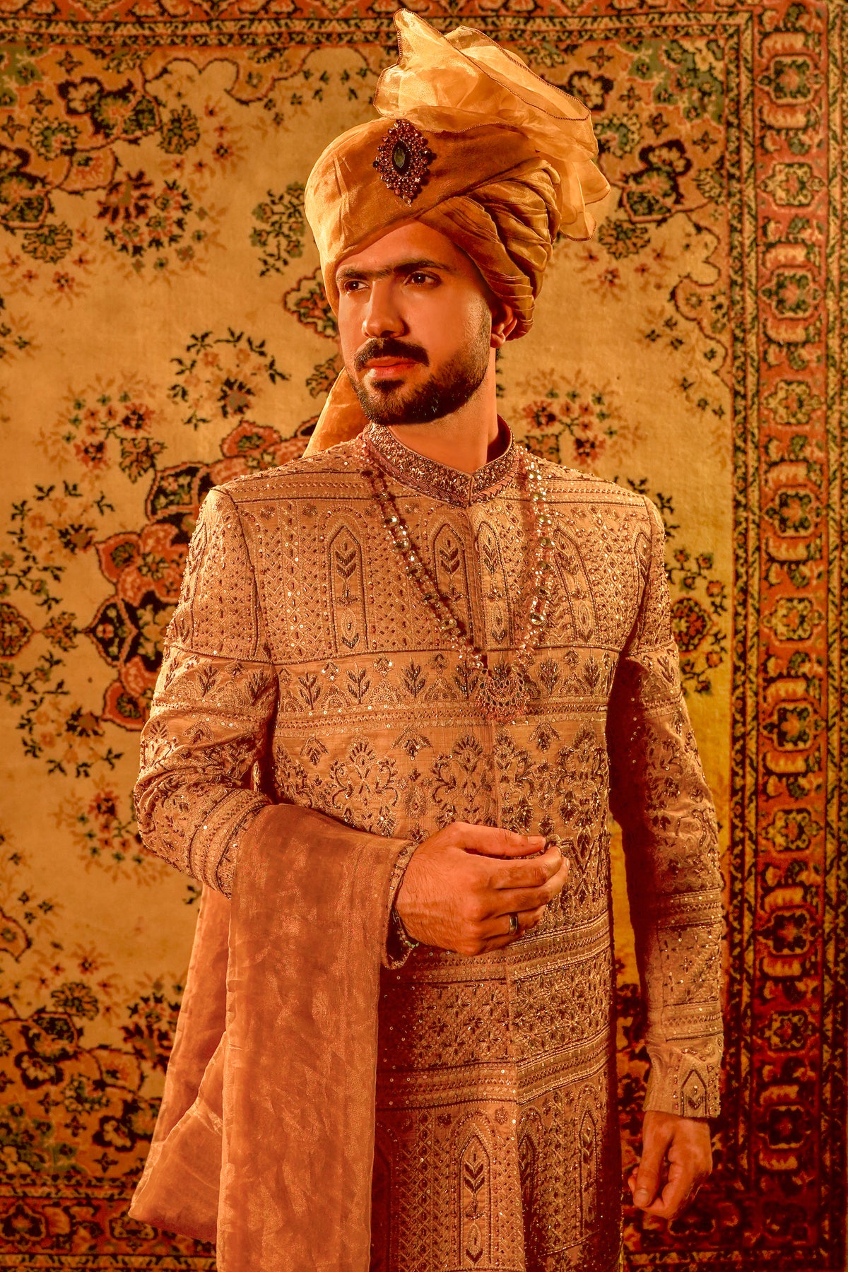 Mud Gold Embroidered Sherwani Set with Organza Turban