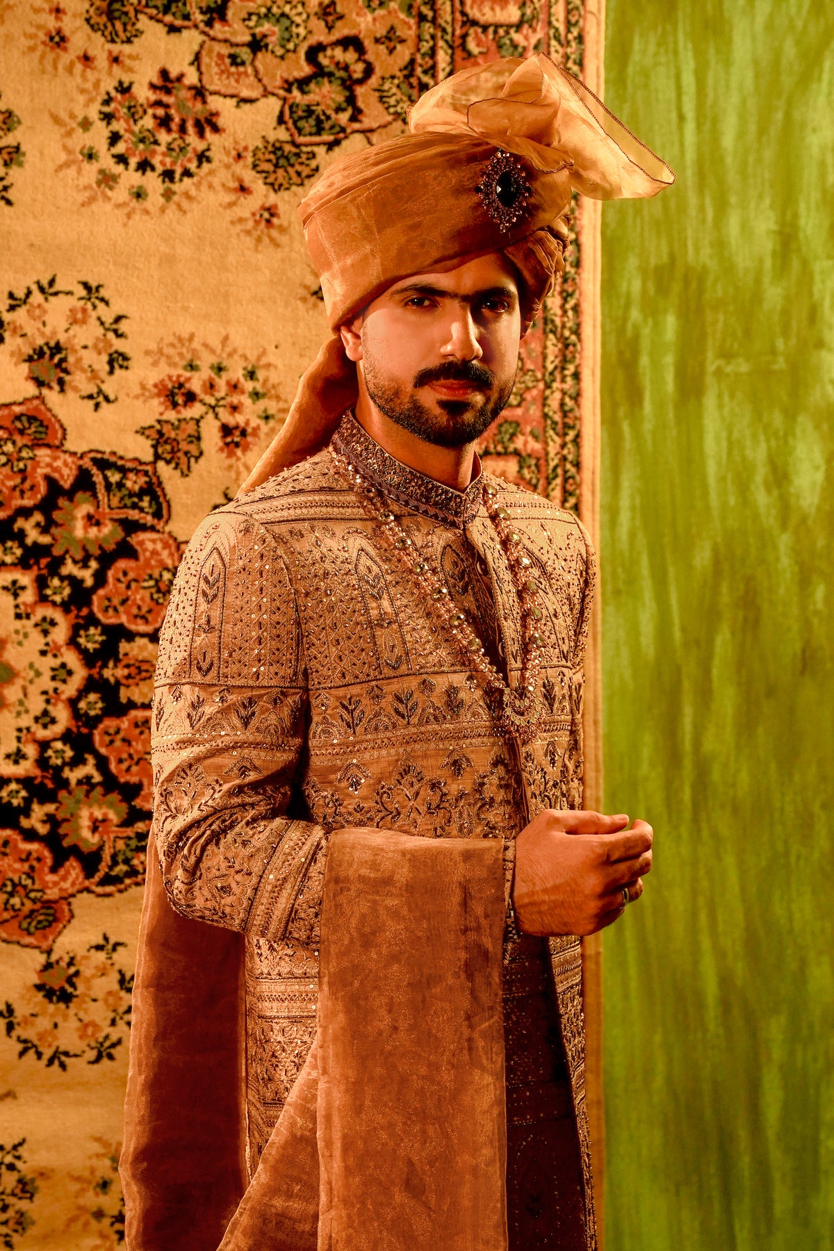 Mud Gold Embroidered Sherwani Set with Organza Turban
