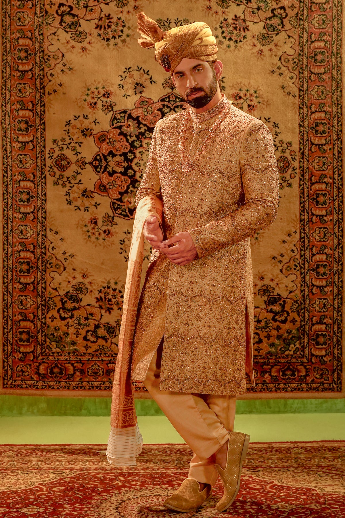 Mud Gold Embroidered Bridal Sherwani Set with Dupatta Turban
