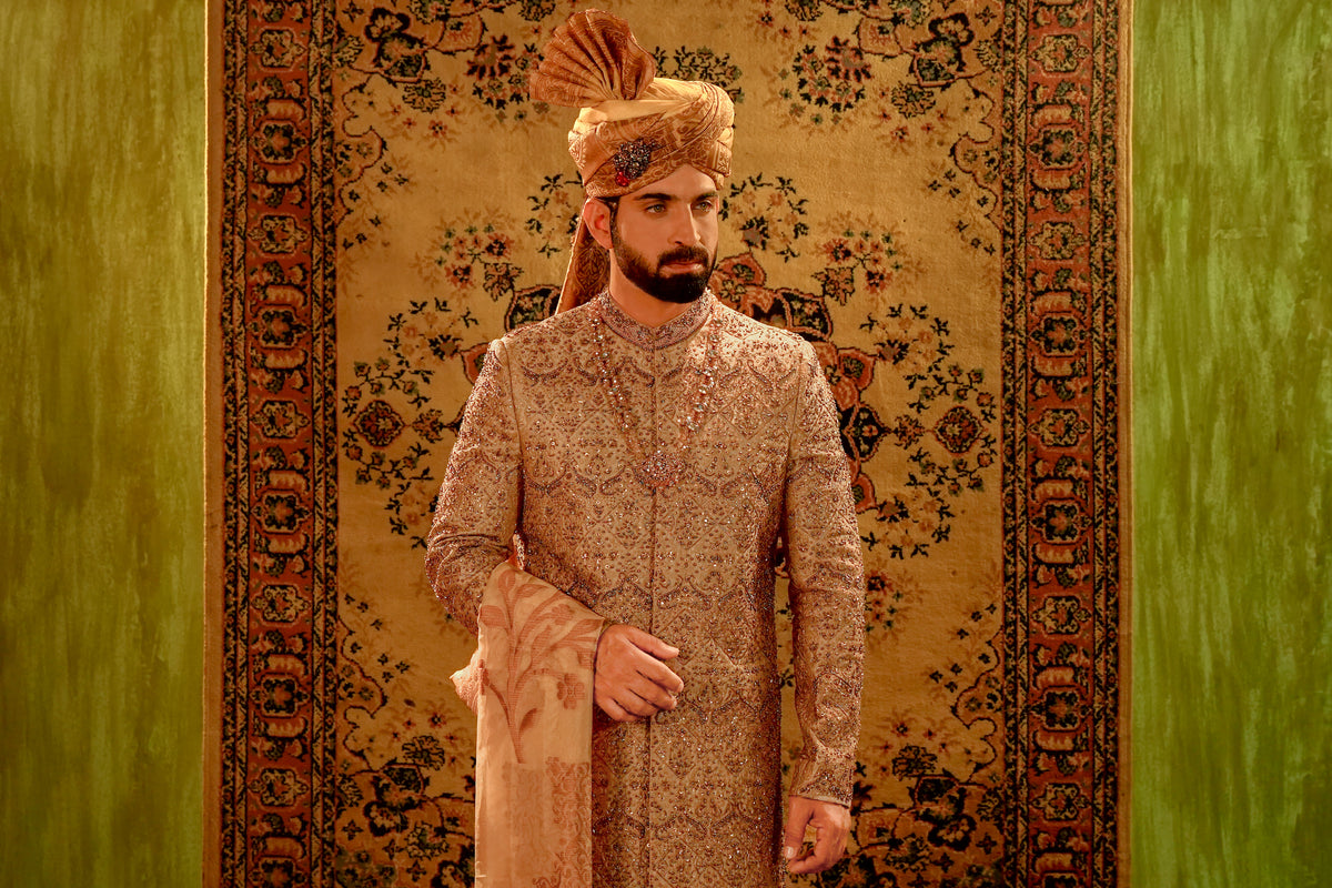 Mud Gold Embroidered Bridal Sherwani Set with Dupatta Turban