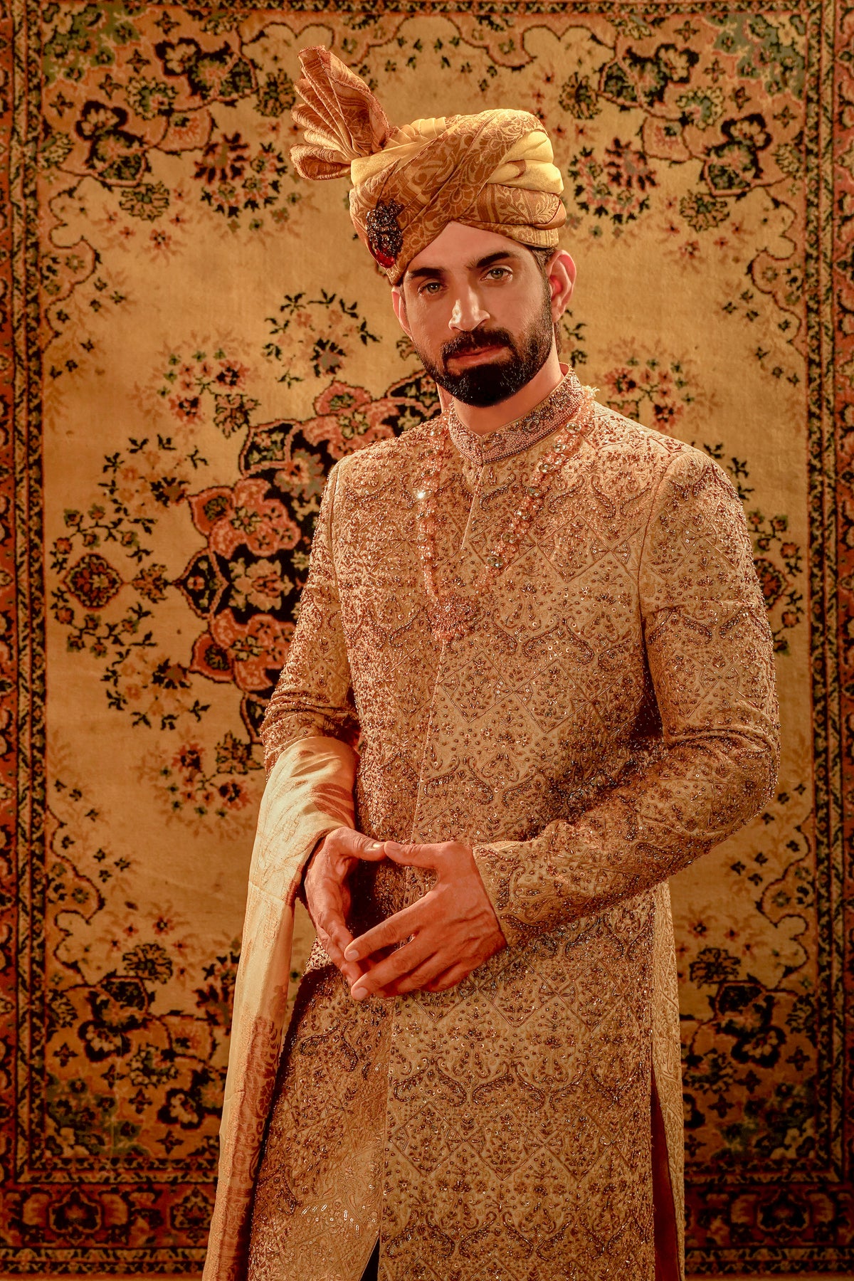 Mud Gold Embroidered Bridal Sherwani Set with Dupatta Turban