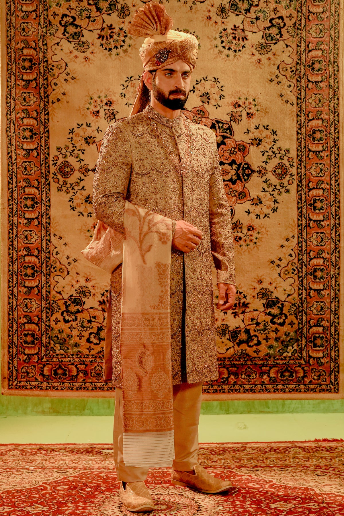 Mud Gold Embroidered Bridal Sherwani Set with Dupatta Turban