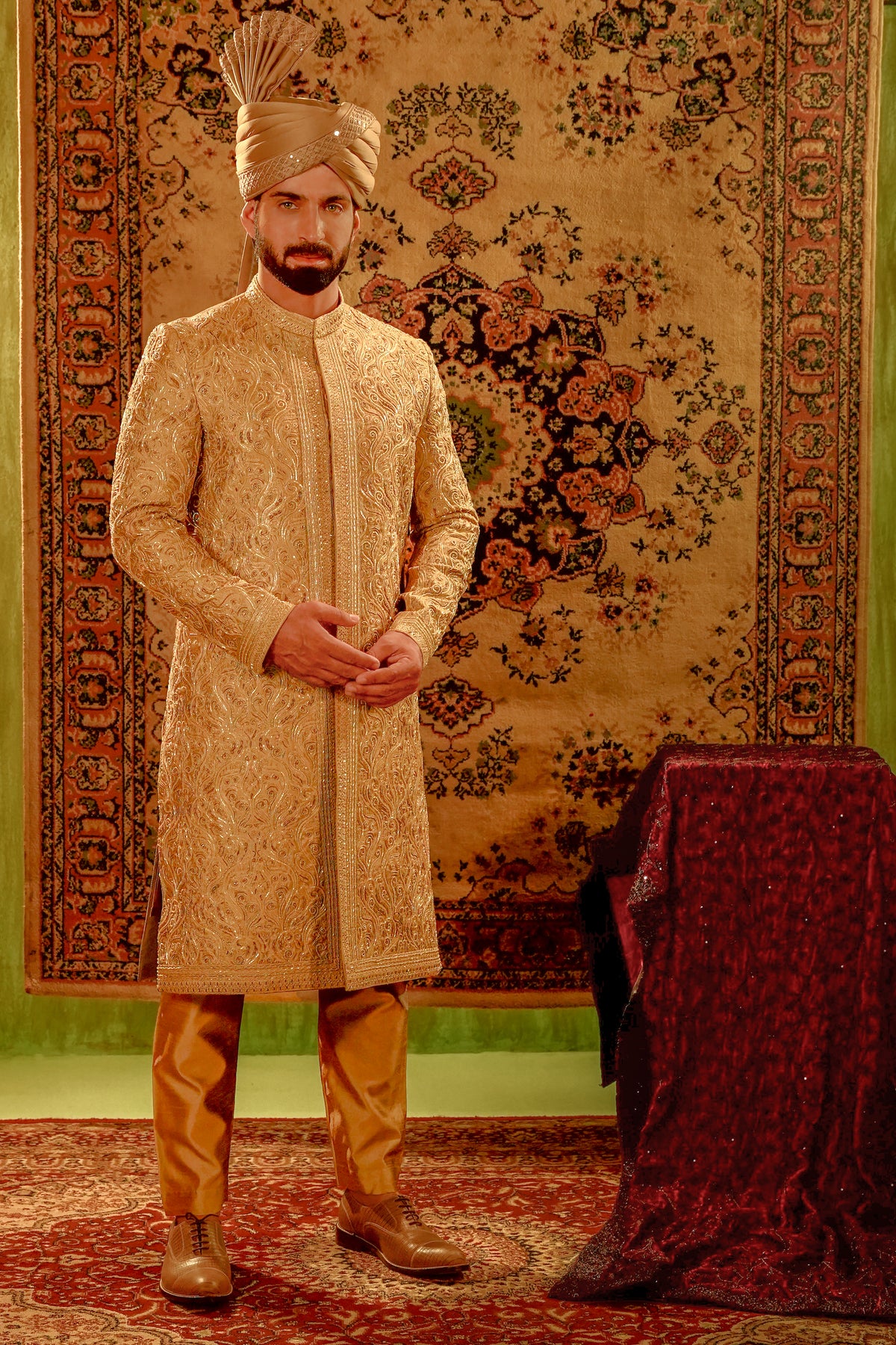 Beige Embroidered Bridal Sherwani Set with Turban