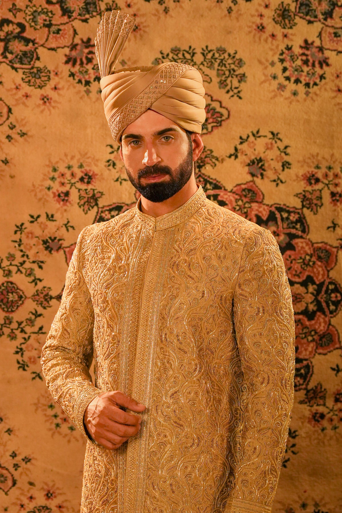 Beige Embroidered Bridal Sherwani Set with Turban