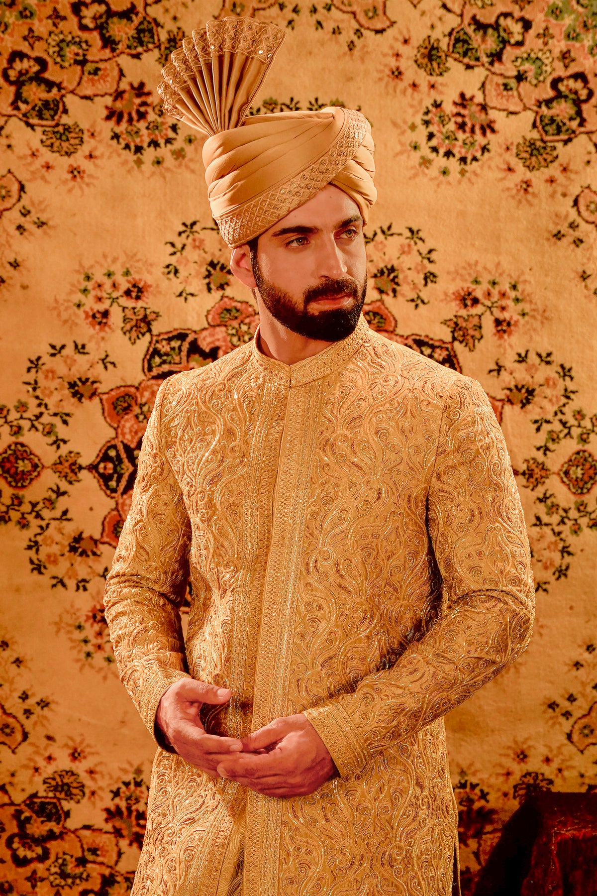 Beige Embroidered Bridal Sherwani Set with Turban