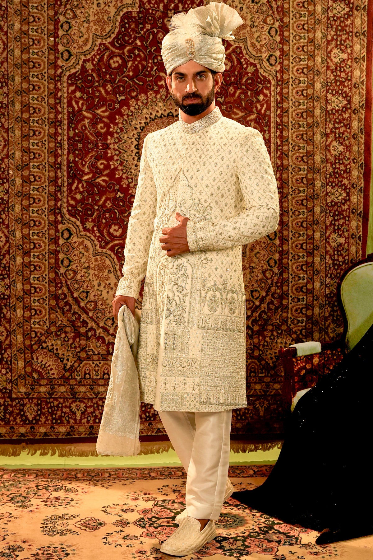 Off-White Embroidered Bridal Sherwani Set with Turban