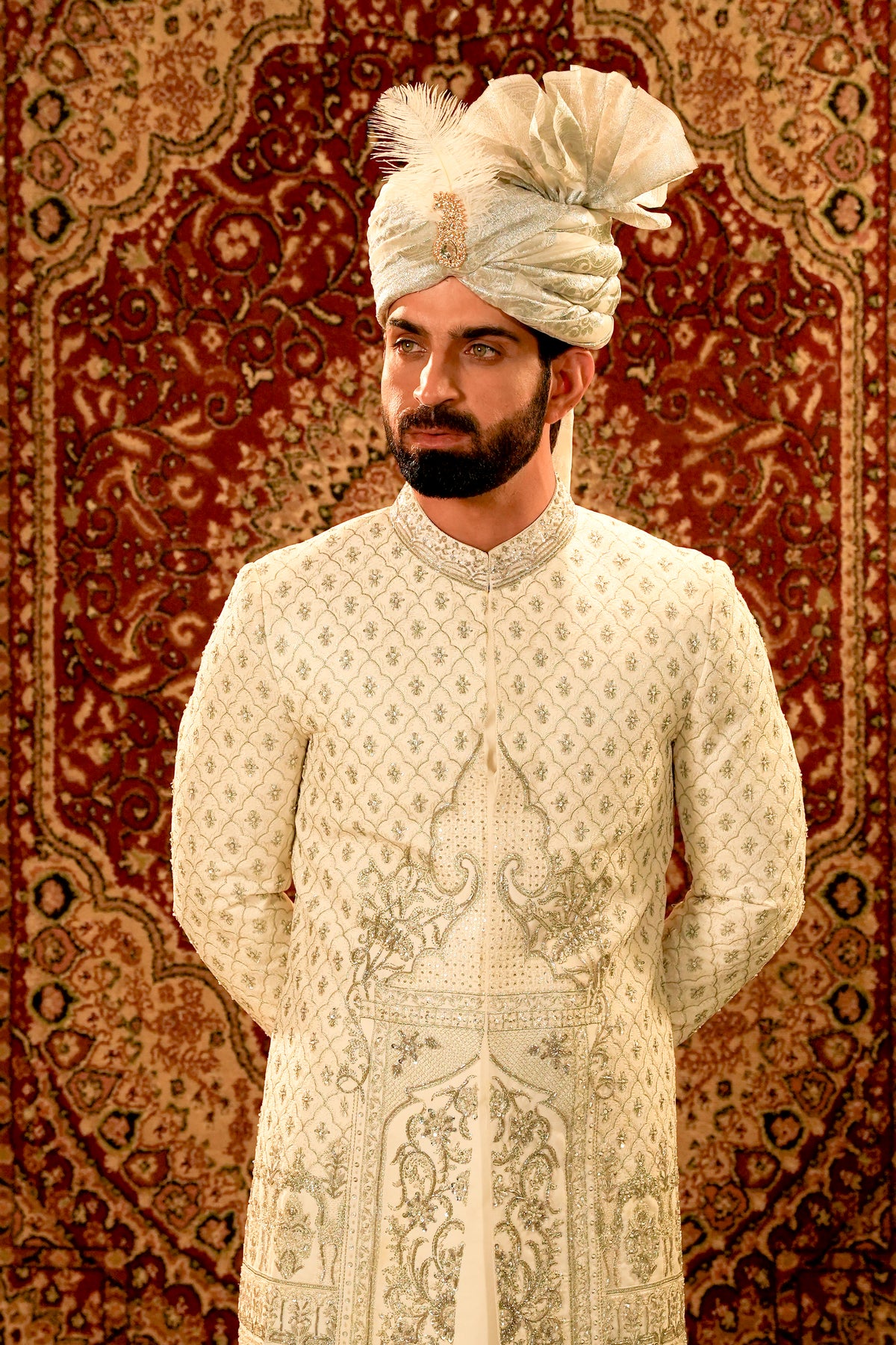 Off-White Embroidered Bridal Sherwani Set with Turban