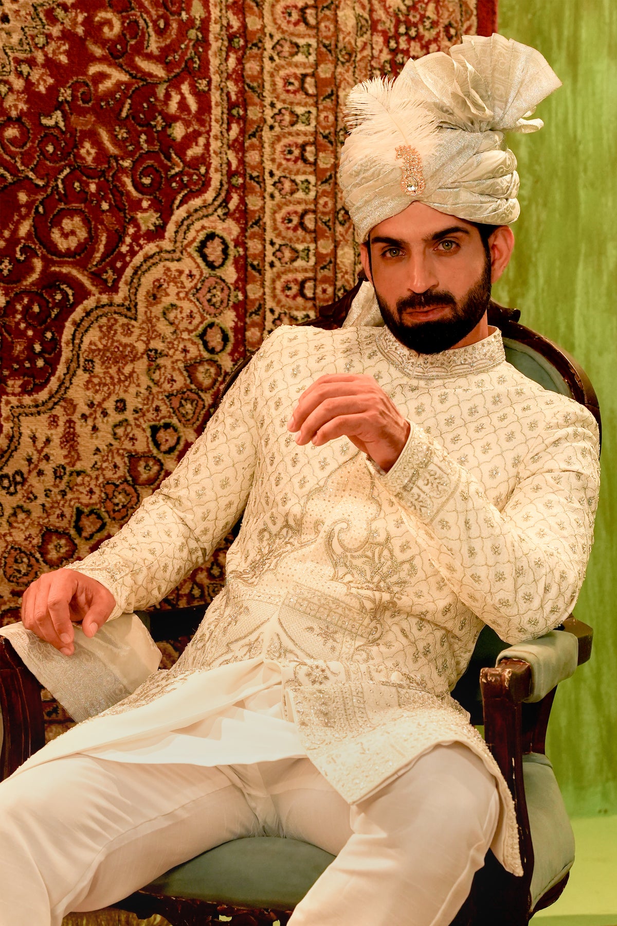 Off-White Embroidered Bridal Sherwani Set with Turban