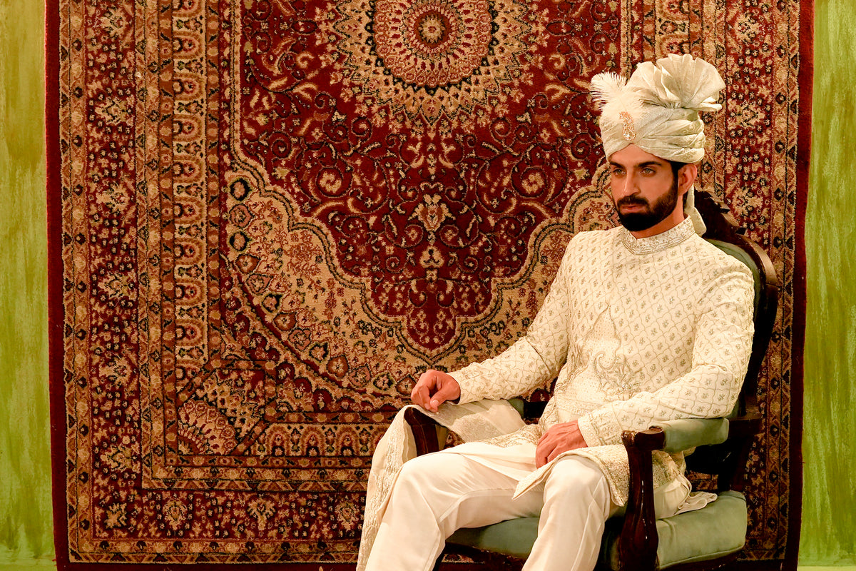 Off-White Embroidered Bridal Sherwani Set with Turban