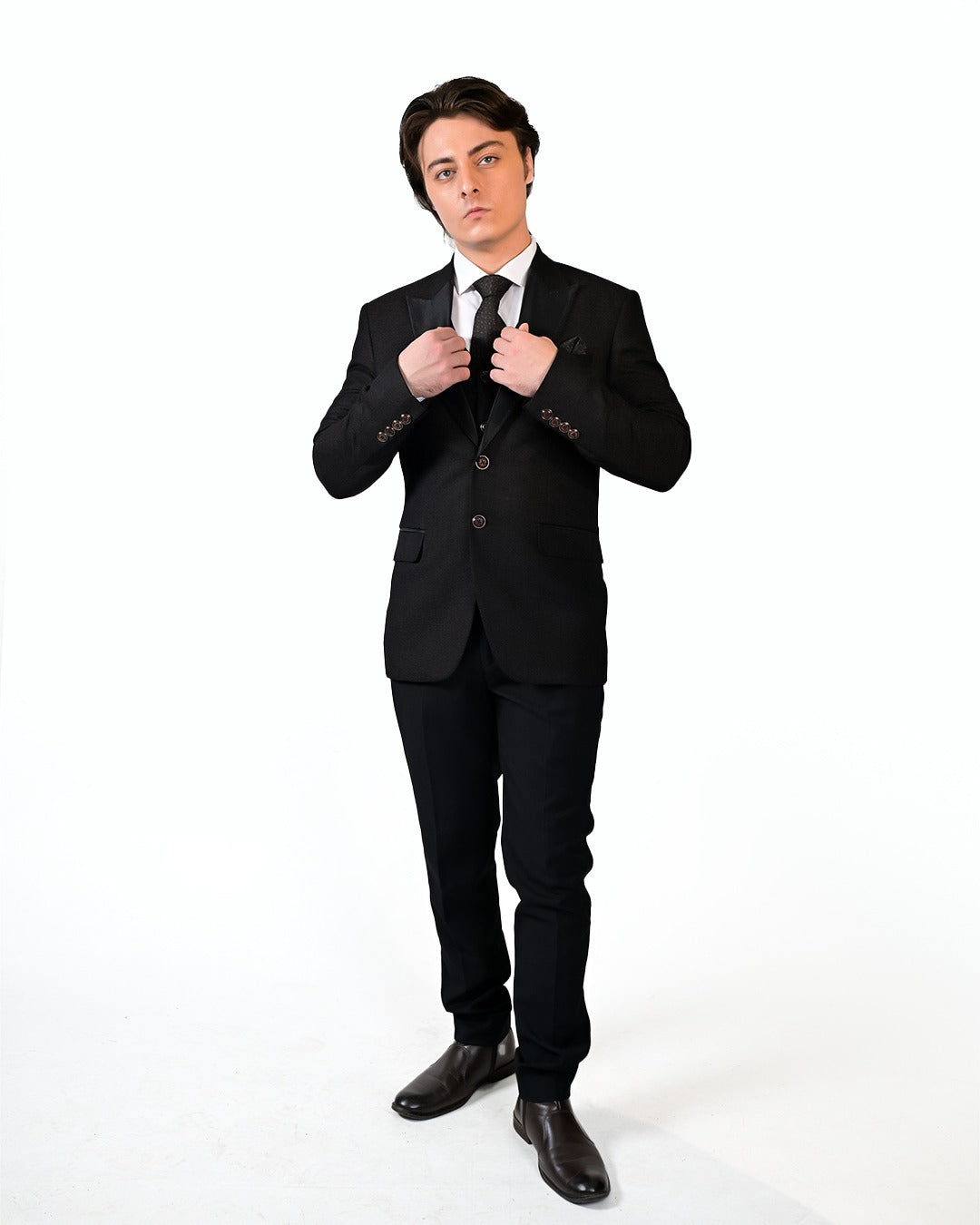 Black & Maroon Italian 3-Piece Suit with Satin Lapel