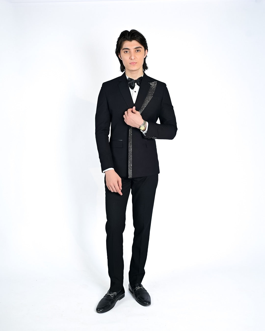 Black Double-Breasted Tuxedo with Stone Work & Satin Bow Tie
