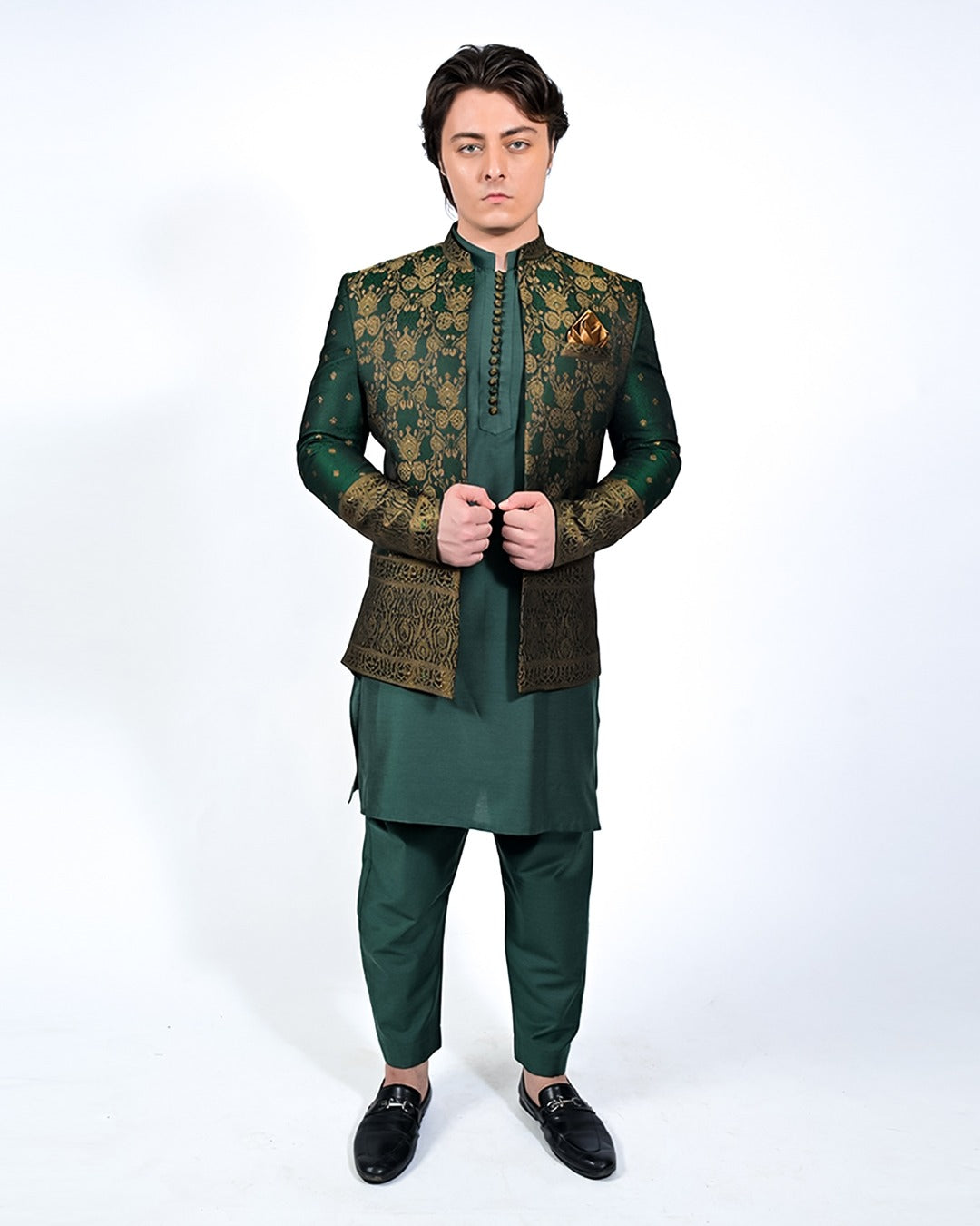 Bottle Green Jamawar Prince Coat with Cotton Silk Kurta Pajama