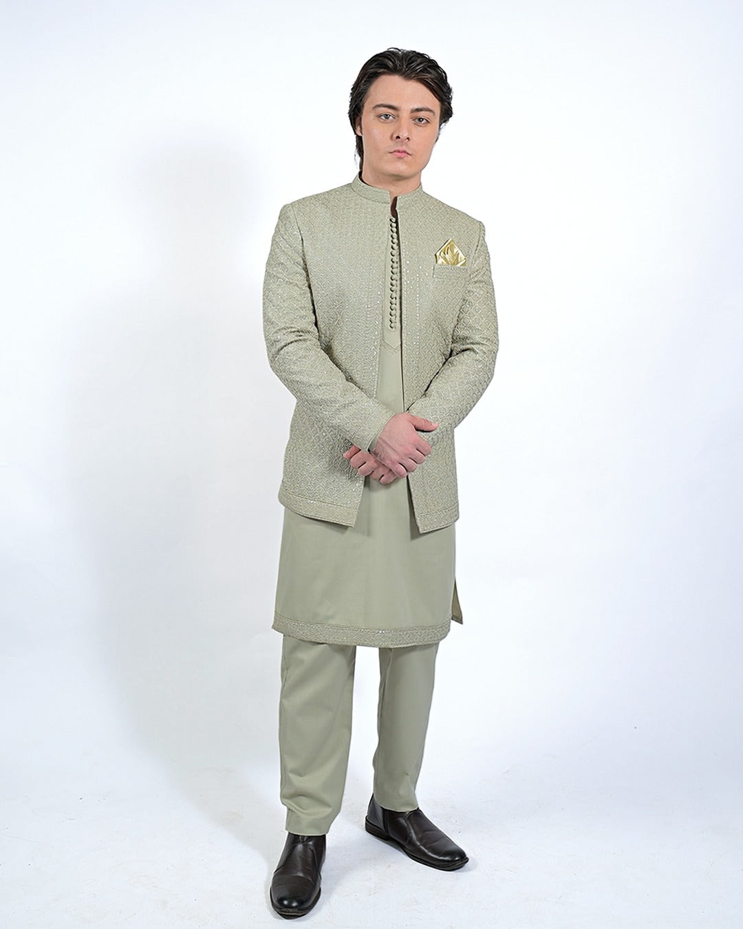 Mint Green Embroidered Prince Coat with Kurta Pajama