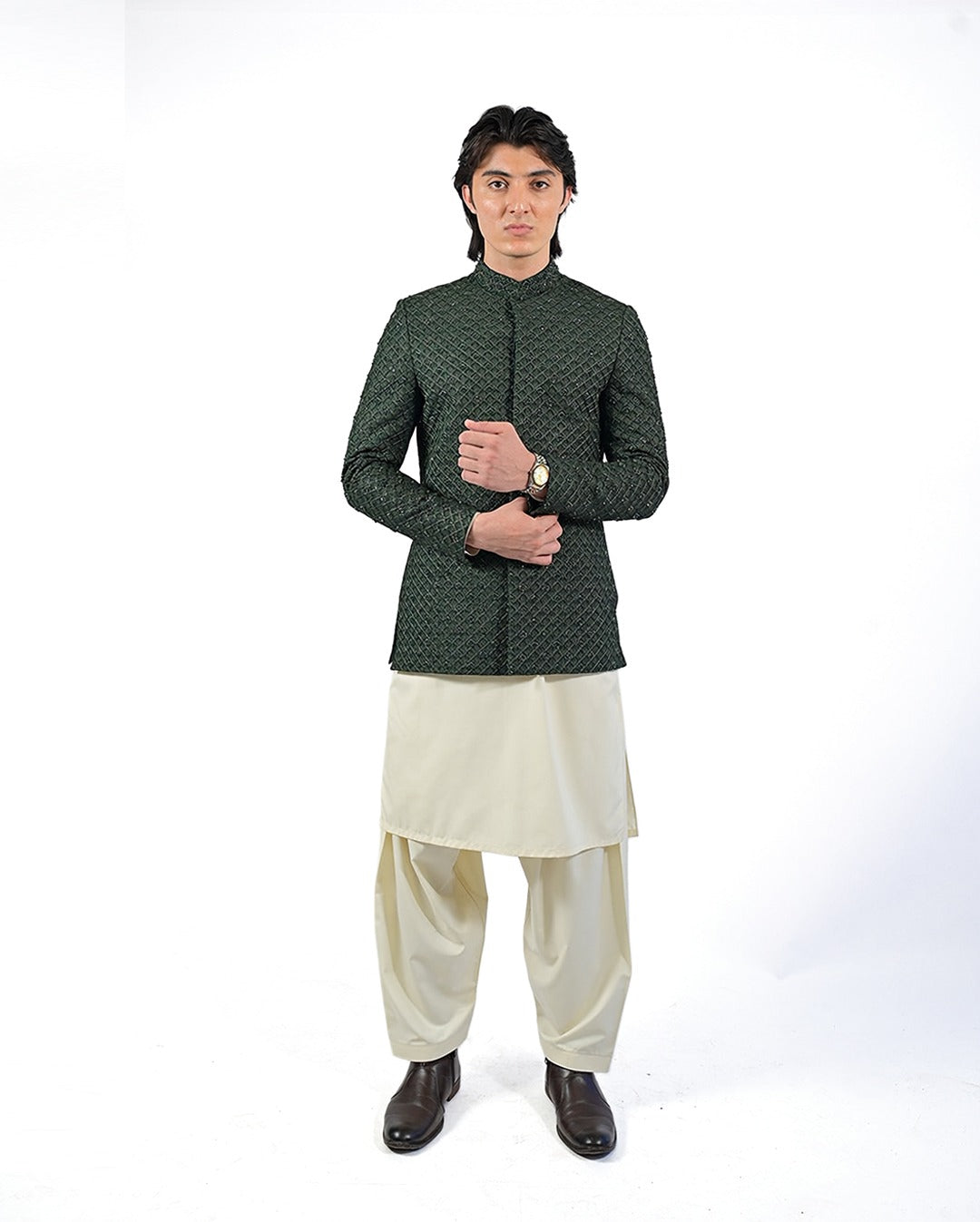 Bottle Green Embroidered Prince Coat with Cream Kameez Shalwar