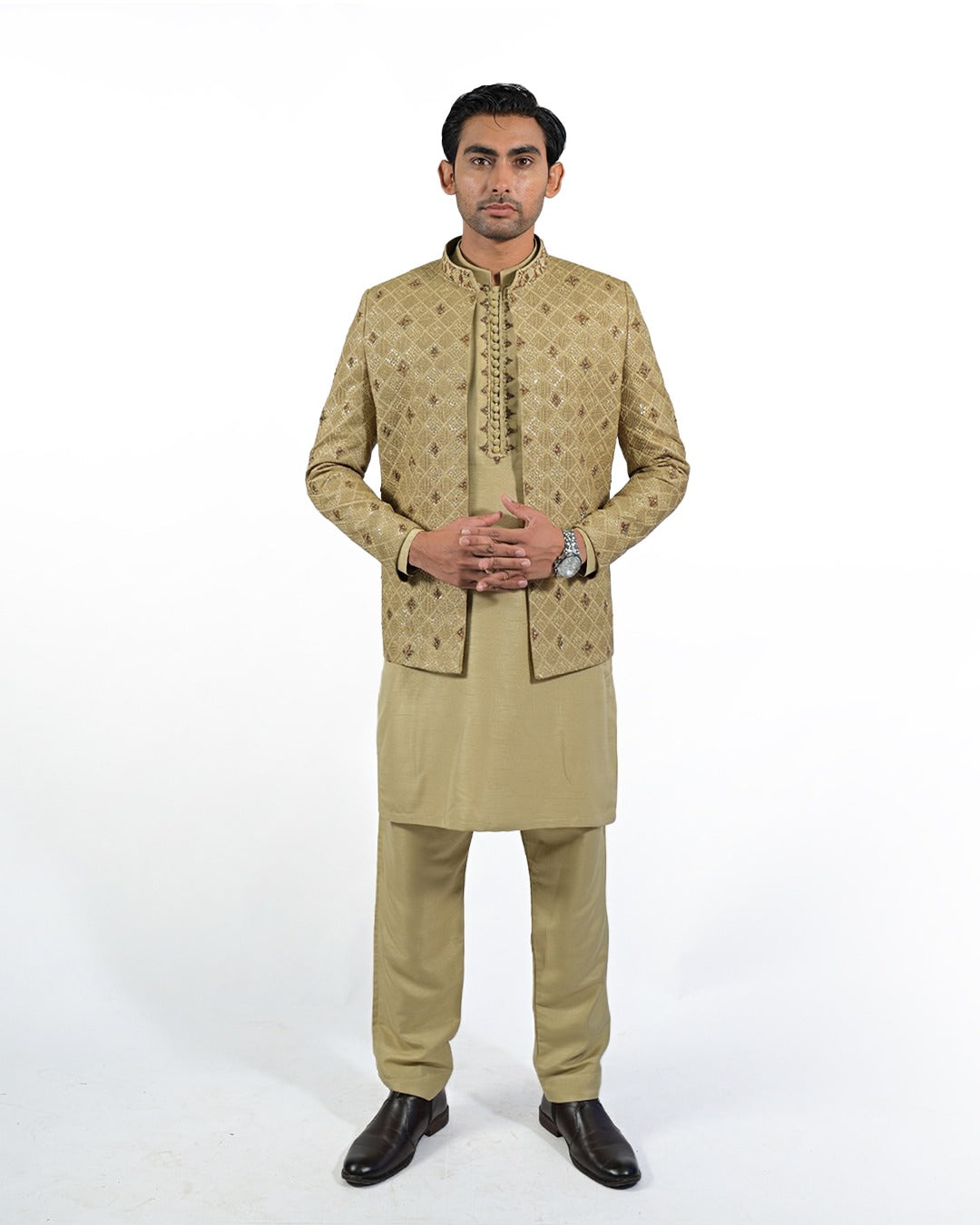 Mud Gold Embroidered Prince Coat with Raw Silk Kurta Pajama