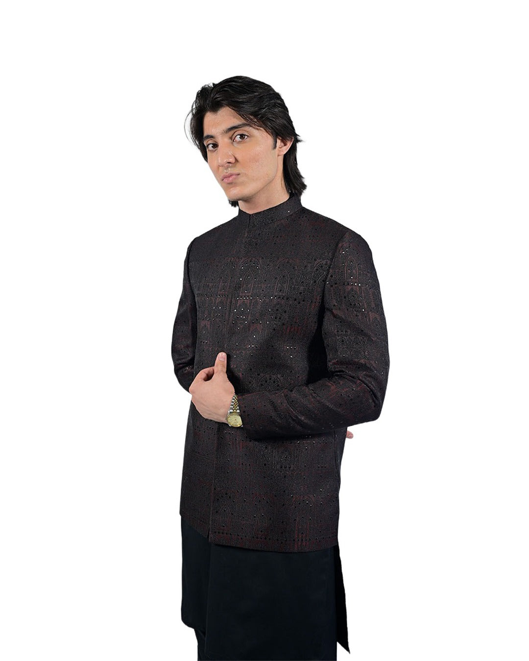 Black Self-Textured Embroidered Prince Coat with Matching Kurta Pajama
