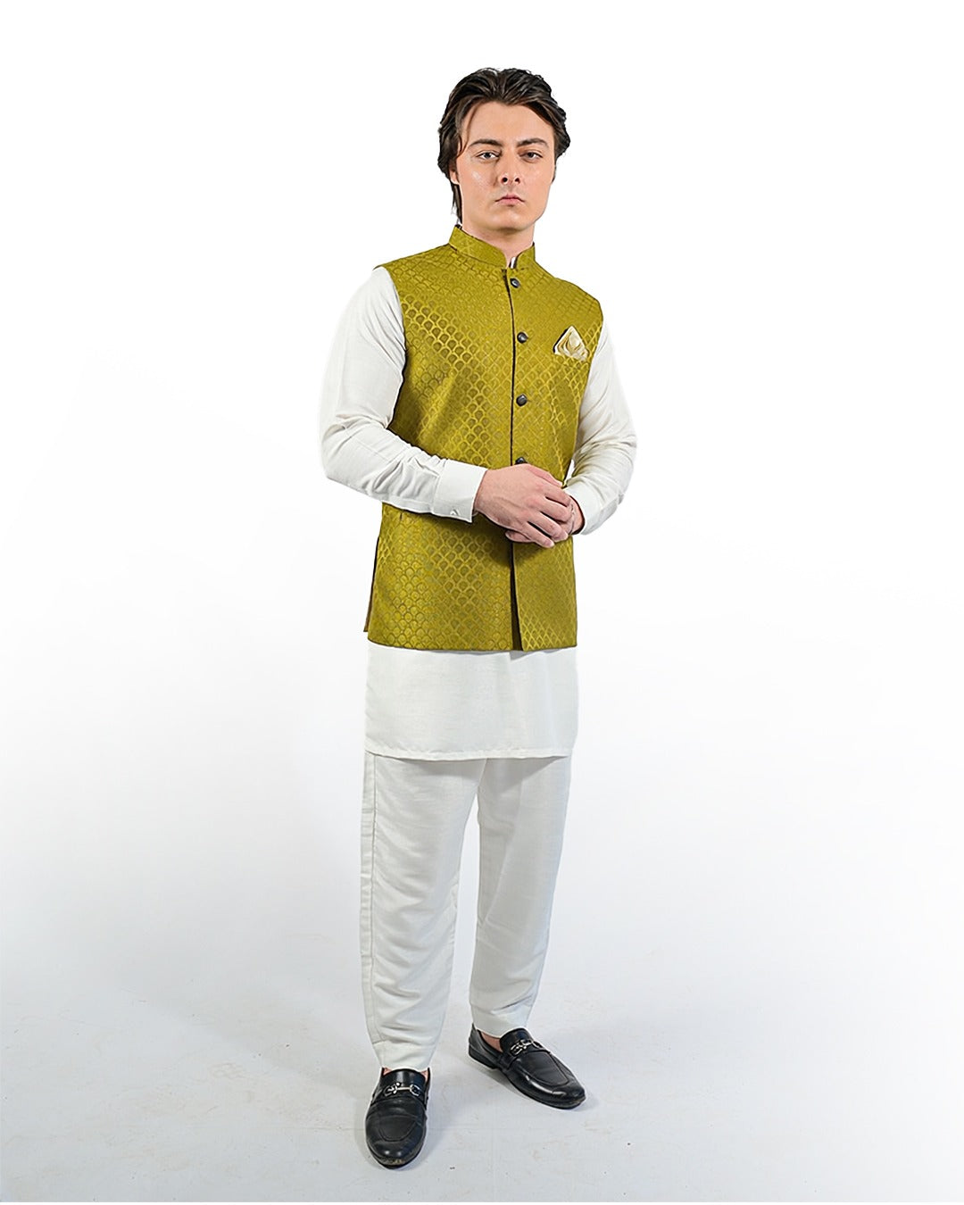 Yellowish Gold Self-Textured Waistcoat with Cream Kurta Pajama