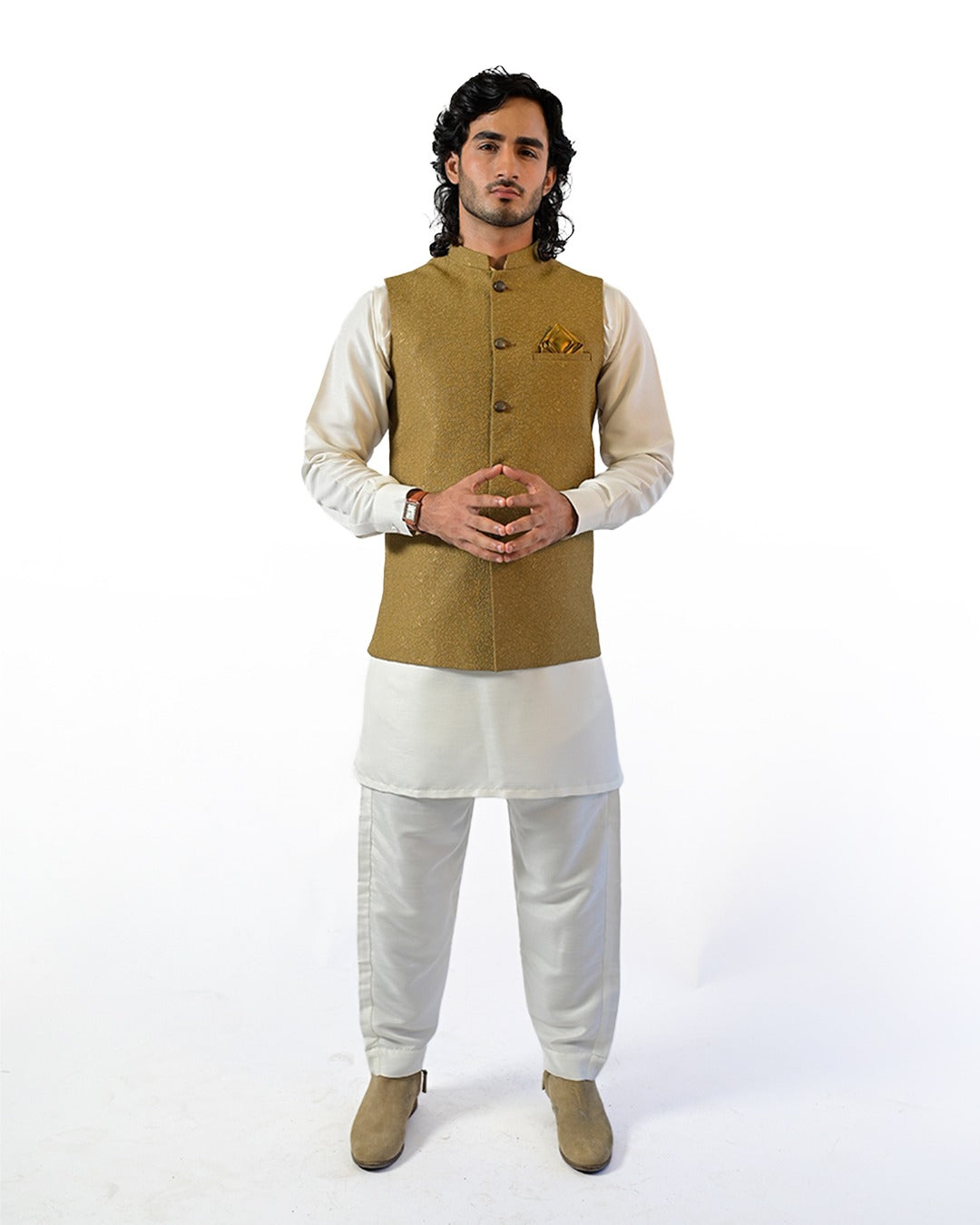 Mustard Self-Textured Waistcoat with Cream Raw Silk Kurta Pajama