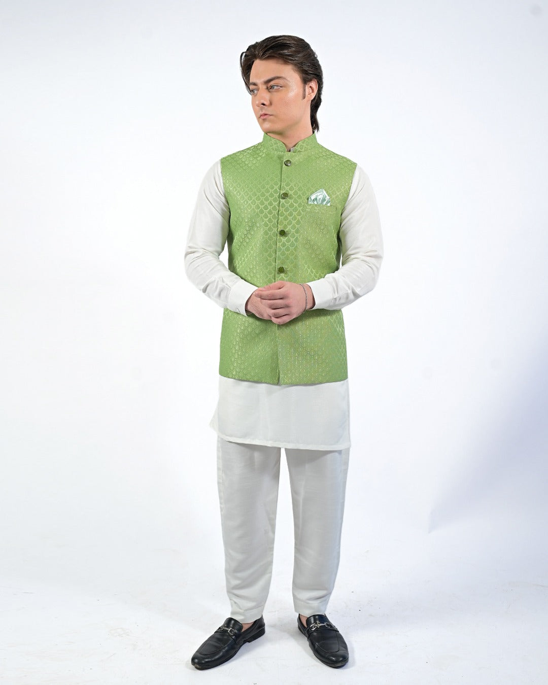 Mint Green Self-Textured Waistcoat with Cream Kurta Pajama