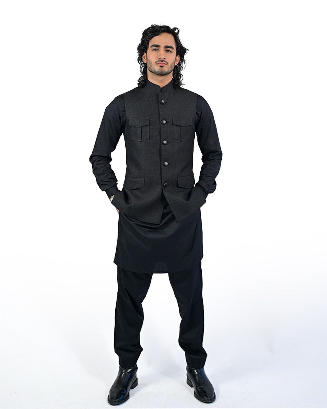 Black Cargo Waistcoat with Matching Kurta Pajama