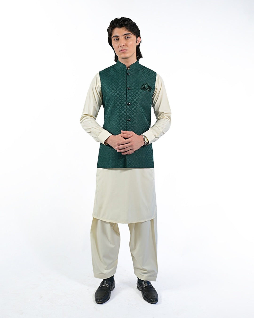 Turquoise Green Self-Design Waistcoat with Cream Cotton Silk Suit