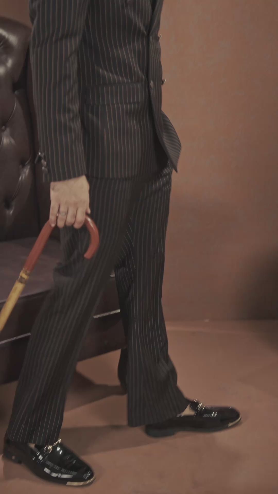 Black Pinstriped Double-Breasted Coat Pant with Rust Shirt