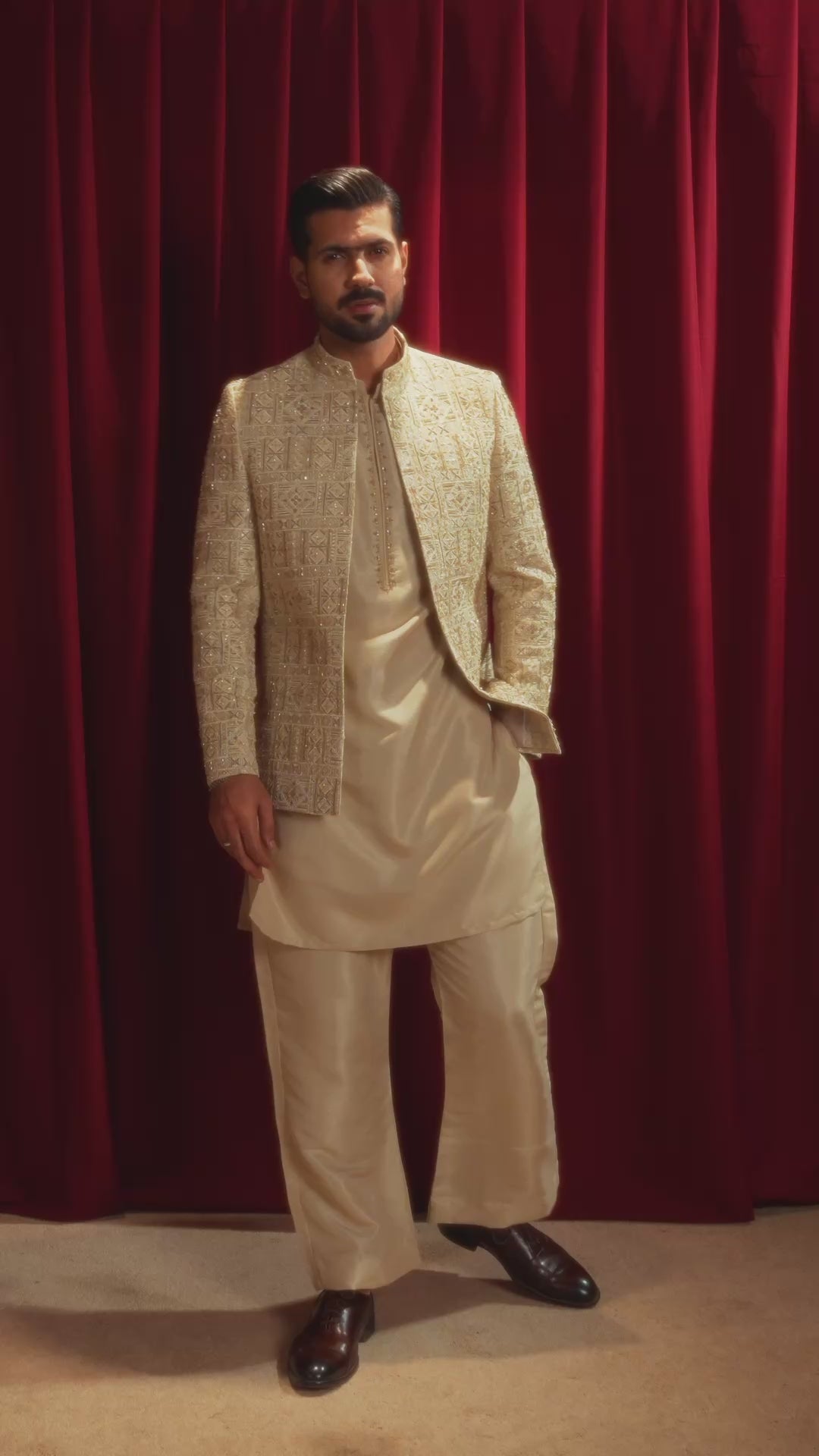 Fawn Embroidered Bandhgala Jacket Suit with Farshi Pajama