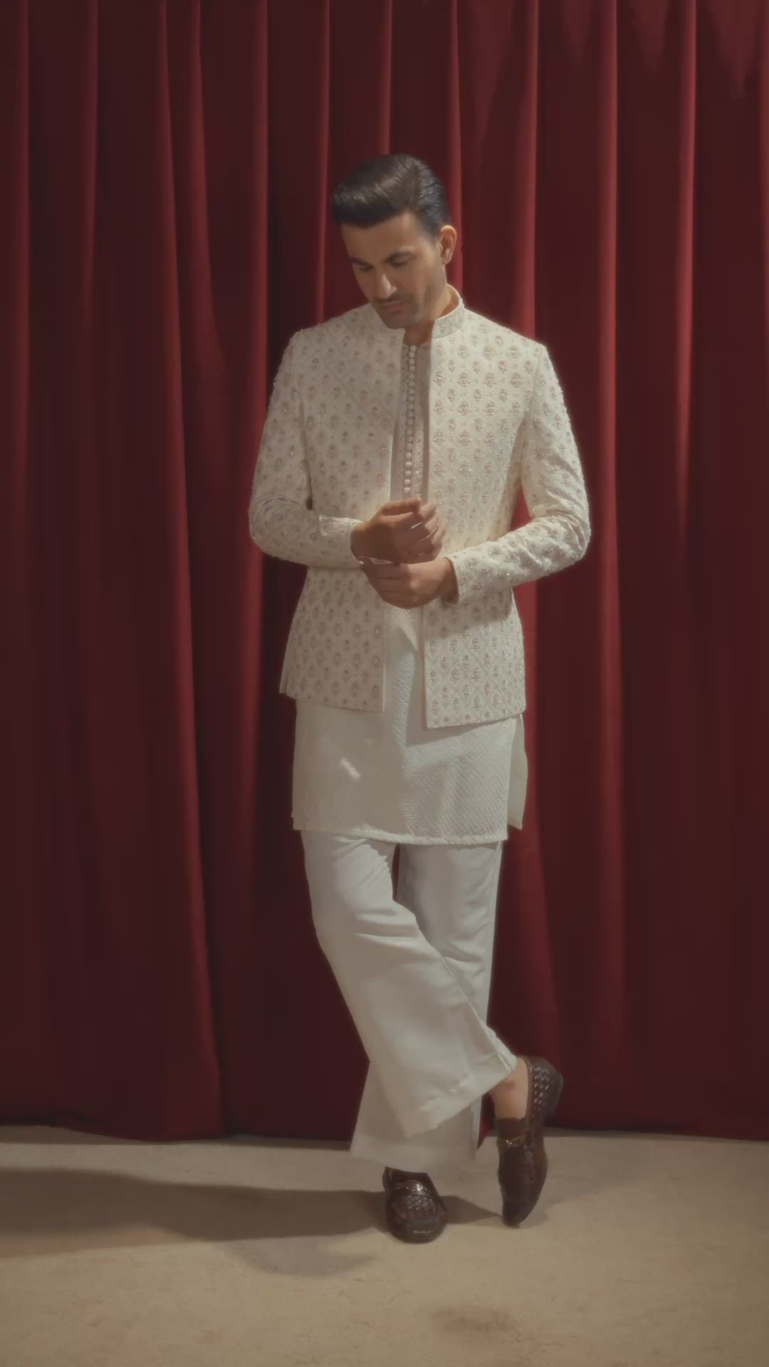 Off-White Embroidered Bandhgala Jacket Suit with Farshi Pajama